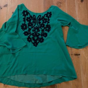 Judith March Green Flare Sleeve Embroidered Top